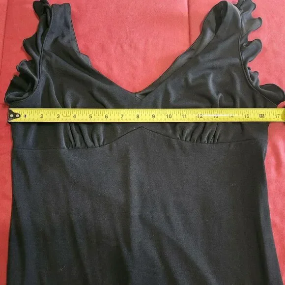 Vintage La Belle Black Dress Y2K V-Neck Ruffle Cap Sleeve Empire Maxi L 90s Y2K - Picture 8 of 10
